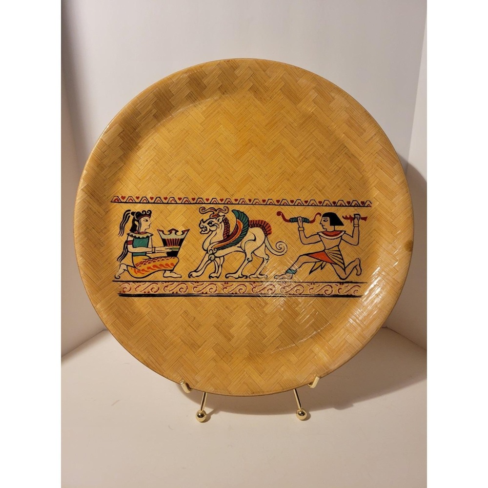 Vintage Woven Bamboo Handpainted Tray Egyptian Mid Eastern Design MCM